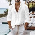 Cotton Linen Shirt for Men Summer Beach Style Solid Color Single Breasted Breathable Shirts Lightweight Stylish Button Tops.