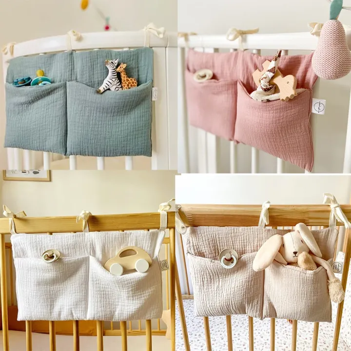 Baby Crib Organizer Multi-Purpose Bed Storage Bag 2 Pockets Bedside Hanging Diaper Nursery Organizer for Diapers Toys Clothing