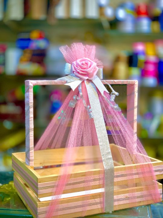 Gift basket, wooden gift basket, birthday gift basket, pink basket, baby girl basket, gift basket for girls & boys