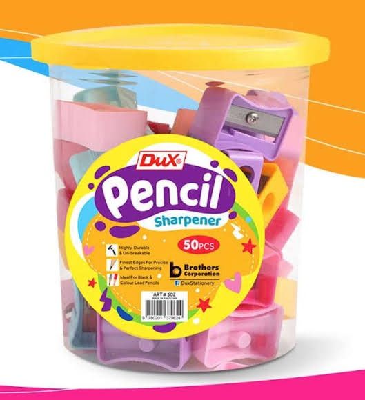 Dux multi colur  Sharpeners  50pcs jar high qualityThe Dux Pencil Sharpener ensures that your pencils are sharp and pointed.

Dux Pencil Sharpener provides the finest sharpening results with its super sharp blades for long-lasting enjoyment