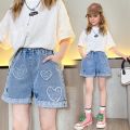 Girls' summer versatile  love denim 2025 new product summer thin fashion jeans casual sports shorts 5-15 years old. 