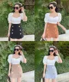 (Freesize) gold button front waist woolen skirt pants (m6877). 