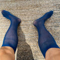 Translucent Men Thin Dress Tube Socks Thin Sheer Solid Color Business Stockings Middle Tube Hosiery Wide Striped Silk Socks.