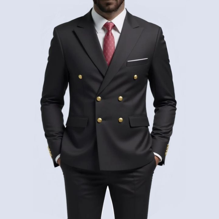 Men Double Breasted Suit Black Slim Fit High Quality Wedding Costume Party Prom Gold Button Male Suits
