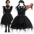2025 Day before Thursday Movie Weirdo Role Play Costume with Belt Girl Prom Gown Soft Frock Gothic Family Black Halloween Dress. 