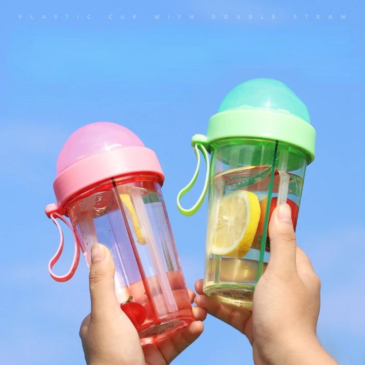 420/600ml Double Drinking Bottle Cute Girl Student Outdoor Double Straw Cup with Handle Portable Plastic Water Bottle