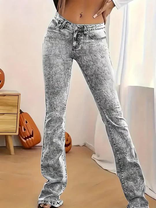 Fashion Women's Gray Low-Rise Slim Fit Bootcut Jeans, Y2K Style, Snow Wash, Streetwear Elegant Denim Pants