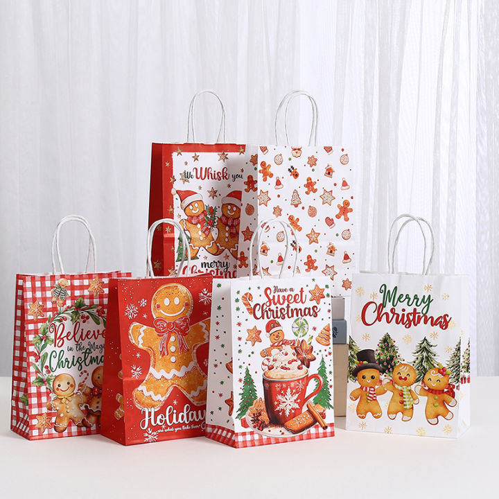 6/12/24pcs Merry Christmas Kraft paper Tote Bags Packaging Child for Candy Snack Storage Pouch Birthday Party Favors
