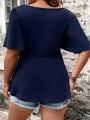Plus Size Summer European and American Style Shirt for Women Casual Cute Solid Ruffle Neck Curve Clothing Tops. 