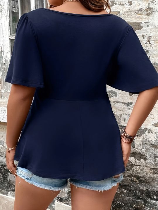 Plus%20Size%20Summer%20European%20and%20American%20Style%20Shirt%20for%20Women%20Casual%20Cute%20Solid%20Ruffle%20Neck%20Curve%20Clothing%20Tops%20-%20Image%202