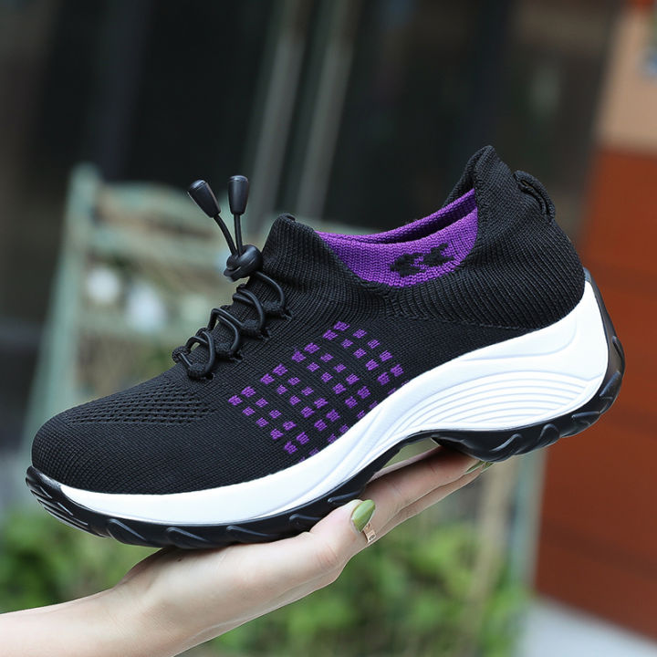 Women Walking Trainers Fashion Fly Weaving Sock Sneakers Breathe Comfortable Nursing Shoes Casual Platform Loafers Non-Slip