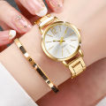2PCS Women's Watch Fashion Gold Steel Band Quartz Wristwatch Opening Cuff Bracelet Set. 
