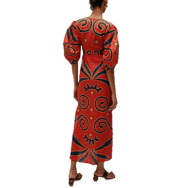 VEITCHE%20Summer%20Women%20Linen%20Material%20Long%20Dresses%20Fashion%20Chic%20Print%20%20V-neck%20Hollow%20Out%20High%20Waist%20Party%20Dress%20Lady%20Robes%20-%20Image%204
