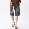 Summer Thin Denim Shorts Men's Retro Streetwear Blue Gray Stretch Straight Loose Fashionable Casual Ripped Short Jeans Men.