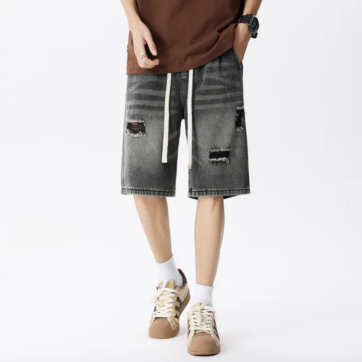 Summer%20Thin%20Denim%20Shorts%20Men's%20Retro%20Streetwear%20Blue%20Gray%20Stretch%20Straight%20Loose%20Fashionable%20Casual%20Ripped%20Short%20Jeans%20Men%20-%20Image%205