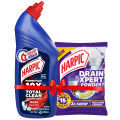 Harpic Toilet Cleaning Liquid Power Plus 10x Total Clean 1Ltr + 45g Drain Cleaning Xpert Powder Combo Pack. 