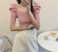 Puffy Sleeve Square Neck Knit Shirt for Women Teengirl Fitted Rib-Knit Pullover T-shirt Top Spring Summer Basic Outfit. 