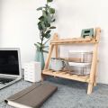 Wooden Double Layer Rack Desk Storage Organizer, Foldable 2-Tier Ladder Shelves, Durable Shelf Flower Pot Seasoning Racks, Sundries Shelf, Home Decor Ladder. 