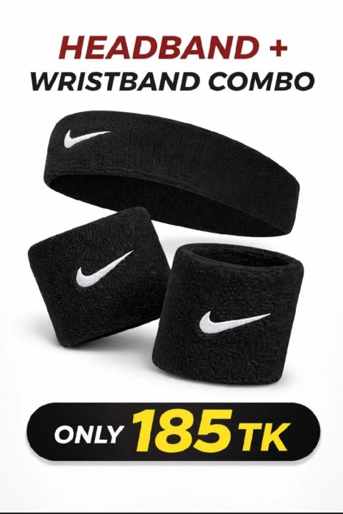Nike Sports Combo Bundle - 1 Piece Sweat Headband & 2 Piece Wristbands for Men & Women - Premium Terry Cloth Cotton Athletic Set for Tennis, Gym, Basketball & Running (White, Black, Red, Blue)