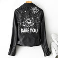 Fitaylor Autumn Winter Women Graffiti Print Faux Leather Jacket Lady Moto Bike PU Leather Coat Casual Rivet Jacket with Belt.