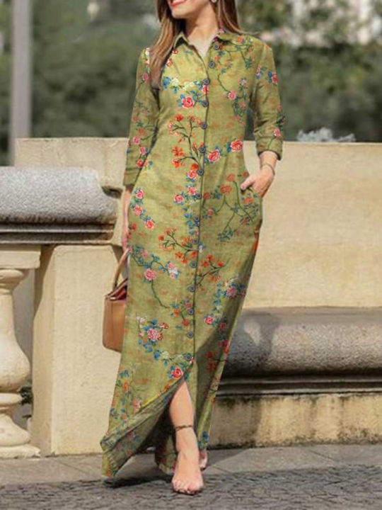 2024%20Summer%20New%20Fashion%20Long%20Women's%20Dress%20Single%20Breasted%20Long%20Sleeved%20Elegant%20Print%20Loose%20Vacation%20Banquet%20Dress%20-%20Image%202
