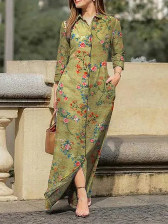 2024%20Summer%20New%20Fashion%20Long%20Women's%20Dress%20Single%20Breasted%20Long%20Sleeved%20Elegant%20Print%20Loose%20Vacation%20Banquet%20Dress%20-%20Image%202