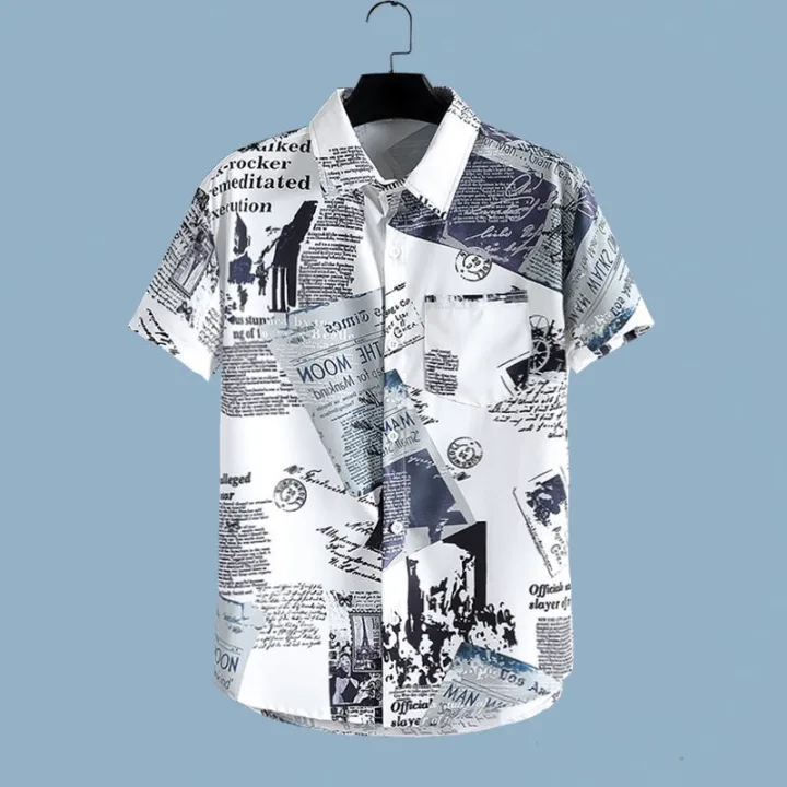 Newspaper%20Print%20Shirt%20and%20Shorts%20Set%20Men's%20Summer%20Beach%20Travel%20Thin%20Short%20Sleeve%20Loose%20Large%20Size%20Casual%20Suit%20-%20Image%204