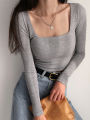 Women Ribbed Square Neck Crop Top With Long Sleeve.