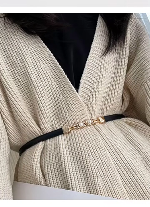 Versatile Women's Thin Belt with Buckle, Fashionable Accessory for Dresses and Shirts, Waist-Cinching Pearl Belt with a High-End Feel
