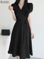 ZANZEA Elegant Summer Short Sleeve Dress Women Fashion OL Work Sundress Robe Femme Casual Solid A Line Vestido Kaftan Sarafans.