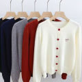 2026 Women Knitted Cardigan Bow Embroidery O-Neck Single Breasted Heart-shaped Button Sweater Korean Casual Solid Knitting Tops.