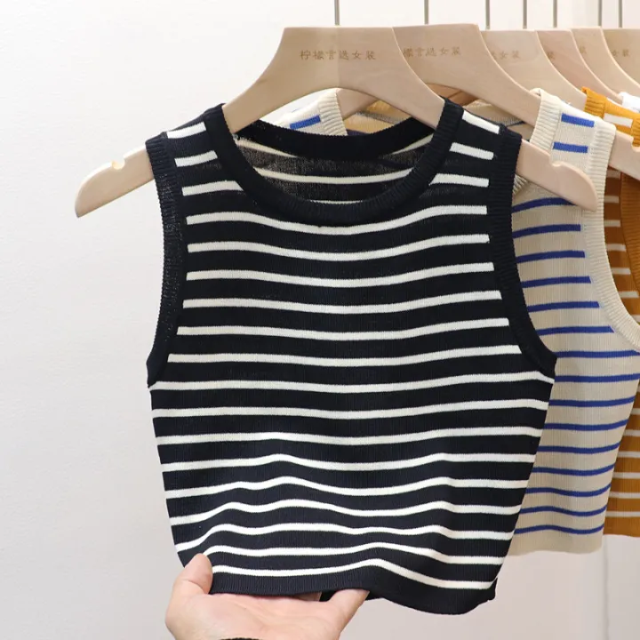 Summer Spring Striped Tank Tops Women Sleeveless Knitted T-Shirts Female Elastic Slim Casual Vests Crop Tops Pullover Camis