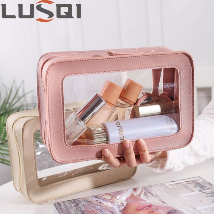 LUSQI Minimalist Transparent PVC Waterproof Cosmetic Leather Makeup Bag Travel Portable Toiletry Bag