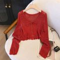 Women's Summer Lace Knit Cardigan Long Sleeve V-neck Openwork Crochet Tie Front Sun Protective Shawl Versatile Cover-Up for Fall. 