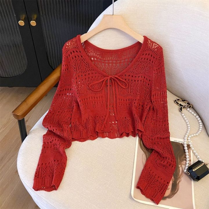 Women's%20Summer%20Lace%20Knit%20Cardigan%20Long%20Sleeve%20V-neck%20Openwork%20Crochet%20Tie%20Front%20Sun%20Protective%20Shawl%20Versatile%20Cover-Up%20for%20Fall%20-%20Image%207