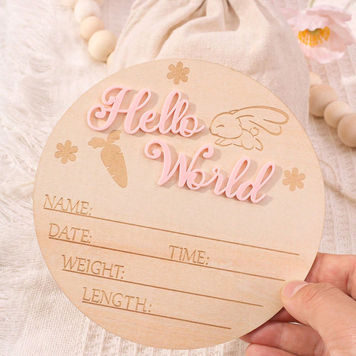 Ylsteed Newborn Photo Prop Wooden Hello World Rabbit Flower Newborn Wooden Hanging prop Cute Birth Board Baby Announcement-HD