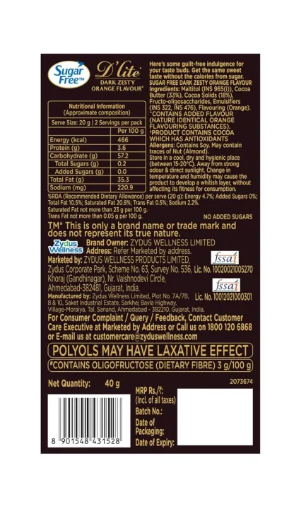 Sugar%20Free%20D'Lite%20Dark%20Zesty%20Orange%20Flavour%20Dark%20Chocolate%2040%20Gm%20-%20Image%202