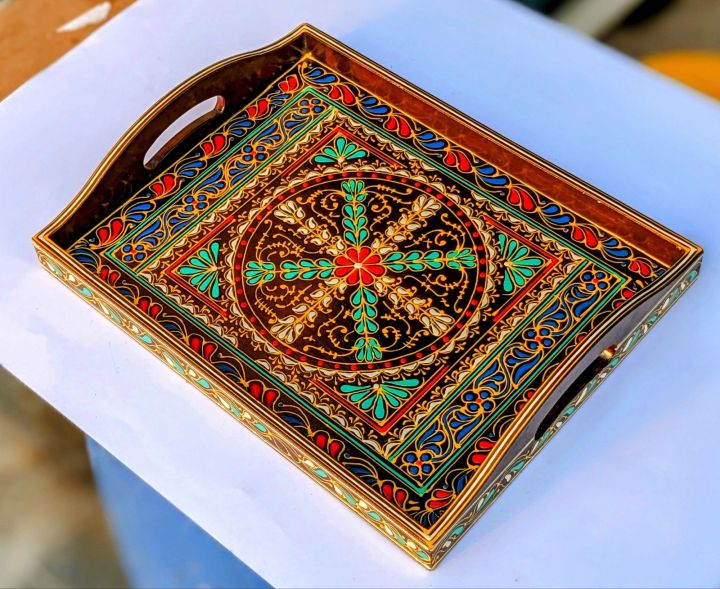 Swat traditional art hand painted wooden serving tray.