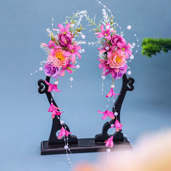 Chinese%20retro%20bridal%20headpiece%201%20pair%20of%20pink%20floral%20tassel%20hair%20clips%20Wedding%20party%20performance%20headband%20Hair%20accessories%20-%20Image%203