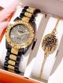 2pcs Women's Fashion Versatile Diamond Steel Band Watch and Breslate. 