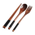 3 PCs Japanese style wooden spoon Fork chopsticks set of 3 PCs long handle adult portable spoon Fork tableware. 