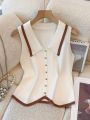Women's French Collar Knit Sleeveless Vest Contrast Color-Block Design Slimming Regular Fit Button Casual Top for Spring Summer.