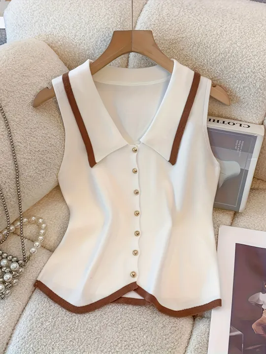 Women's%20French%20Collar%20Knit%20Sleeveless%20Vest%20Contrast%20Color-Block%20Design%20Slimming%20Regular%20Fit%20Button%20Casual%20Top%20for%20Spring%20Summer%20-%20Image%202