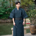 Japanese Traditional Samurai Kimono For Men Yukata Bathing Robe Hekoobi Loose Style Sauna Wear Homewear Belt Long Gown Cotton.