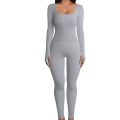 Solid Color Ribbed Yoga Jumpsuit, Seamless Slim Fit Long Sleeve Sports Bodysuit, Women's Activewear.