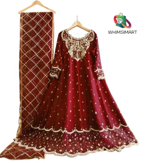 Embroidered Dress – Border Embroidery With Handwork Long Maxi -- Heavy Neck -- Full Emb Dupatta 3Piece -- Designer Maxi -- Women And Girls