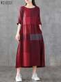 ZANZEA Women Cotton Linen Dresses Vintage Plaid Half Sleeve Midi Vestidos Casual O-neck Long Sundress 2023 Holiday Pocket Robes.
