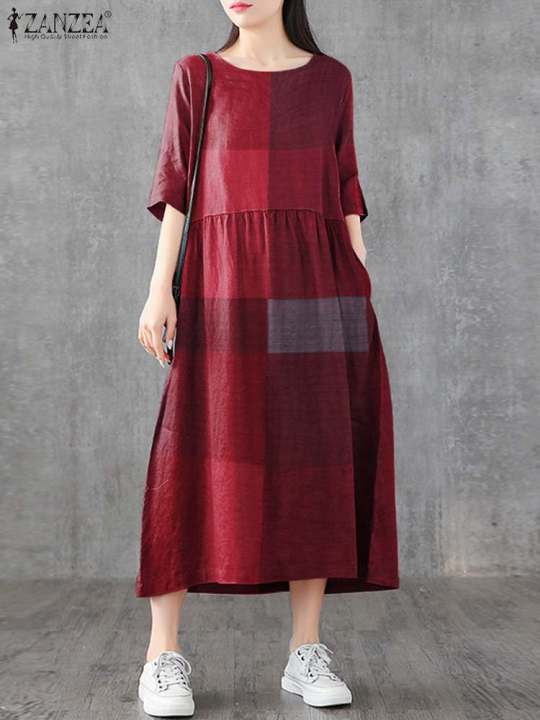 ZANZEA%20Women%20Cotton%20Linen%20Dresses%20Vintage%20Plaid%20Half%20Sleeve%20Midi%20Vestidos%20Casual%20O-neck%20Long%20Sundress%202023%20Holiday%20Pocket%20Robes%20-%20Image%205