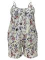 Plus Size Allover Print Cami Romper Jumpsuit, Casual Pocket Ruched Sleeveless Romper Jumpsuit, Women's Plus Size Clothing.