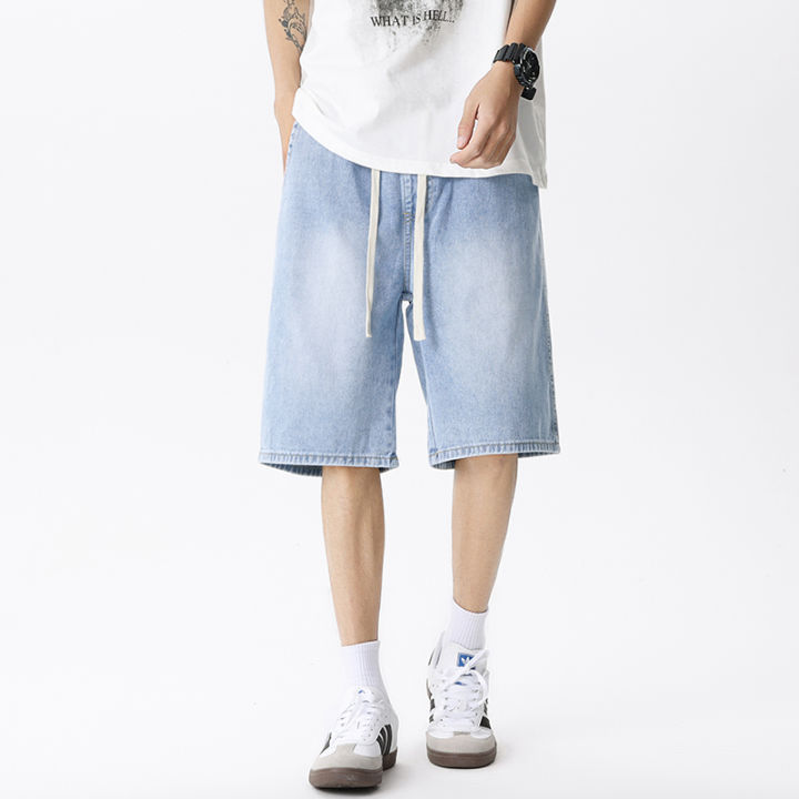 Casual%20Denim%20Shorts%20Men%20Elastic%20Waist%20Straight%20Comfortable%20Light%20Blue%20Soft%20Short%20Pants%20Baggy%20Wide%20Bermuda%20Male%20Jeans%20-%20Image%205